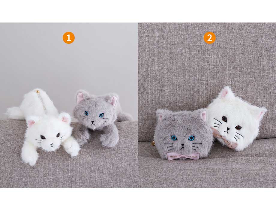 ①ねこくたくたポーチ②ねこフェイスポーチ