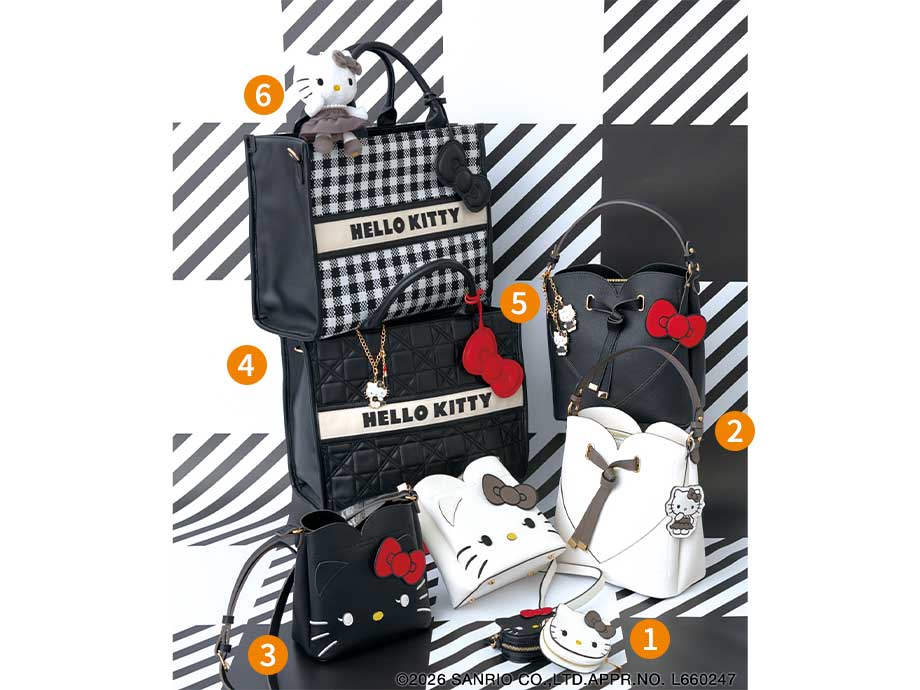 HELLO KITTY♡VIS①フェイスポーチチャーム②ハートカットバッグ③ダブルフェイスハートカットミニバッグ④リボンチャームトートバッグ⑤アソートエポチャーム⑥ぬいぐるみチャーム