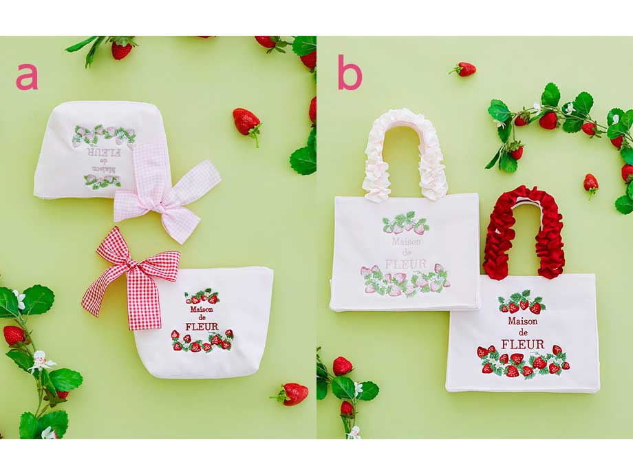 a.いちごポーチ／b.いちごフリルハンドル スクエアトートバッグ
