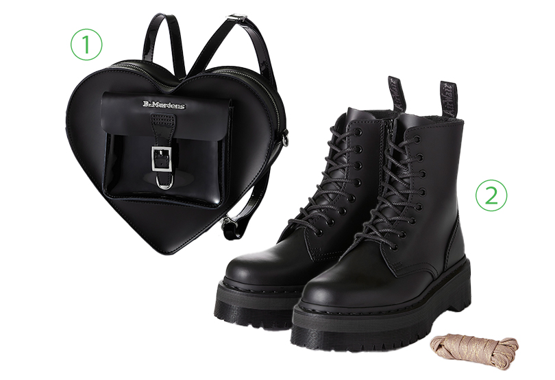 ①ハートバックパック ②JADON MONO 8ホールブーツ
