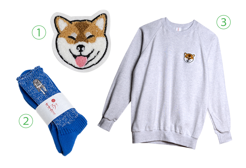①刺繊ステッカー笑う柴犬 ②刺繊ソックスエゾオオカミ ③刺繊トレーナームキ柴