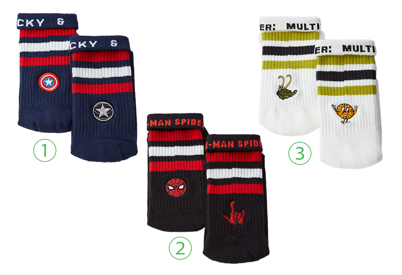 刺しゅうソックス①キャプテンアメリカバッキー②スパイダーマン フェイス&ハンド③ロキ アリゲーター・ロキ&ミス・ミニッツ