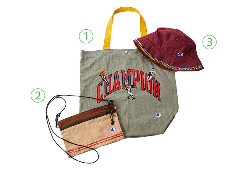 ①TOTE BAG ②SACOCHE ③BUCKET HAT