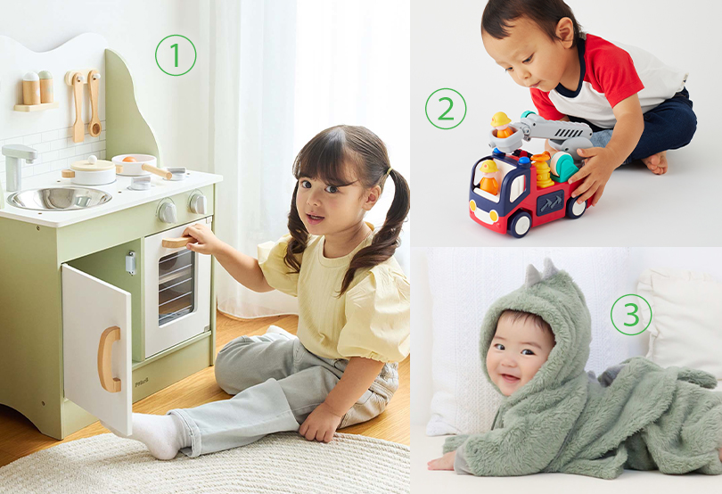 ①おままごとキッチン ②音がいっぱい!自分で走るしょうぼうしゃ ③ぬいぐるみケープ(全5色)