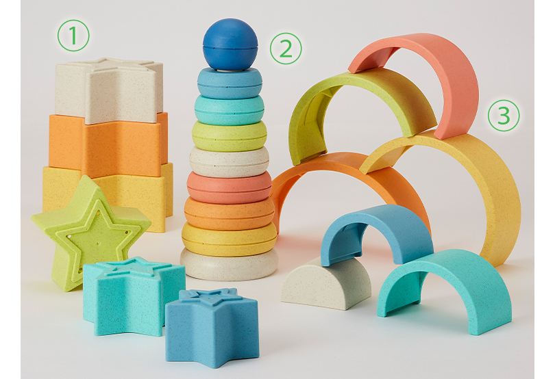 ①スタッキング・タワー スター ②スタッキング・タワー サークル ③スタッキング・タワー レインボー