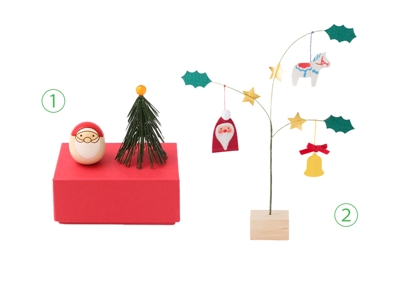 ①ミニサンタ卯三郎こけしとツリーセット ②クリスマス置き飾り